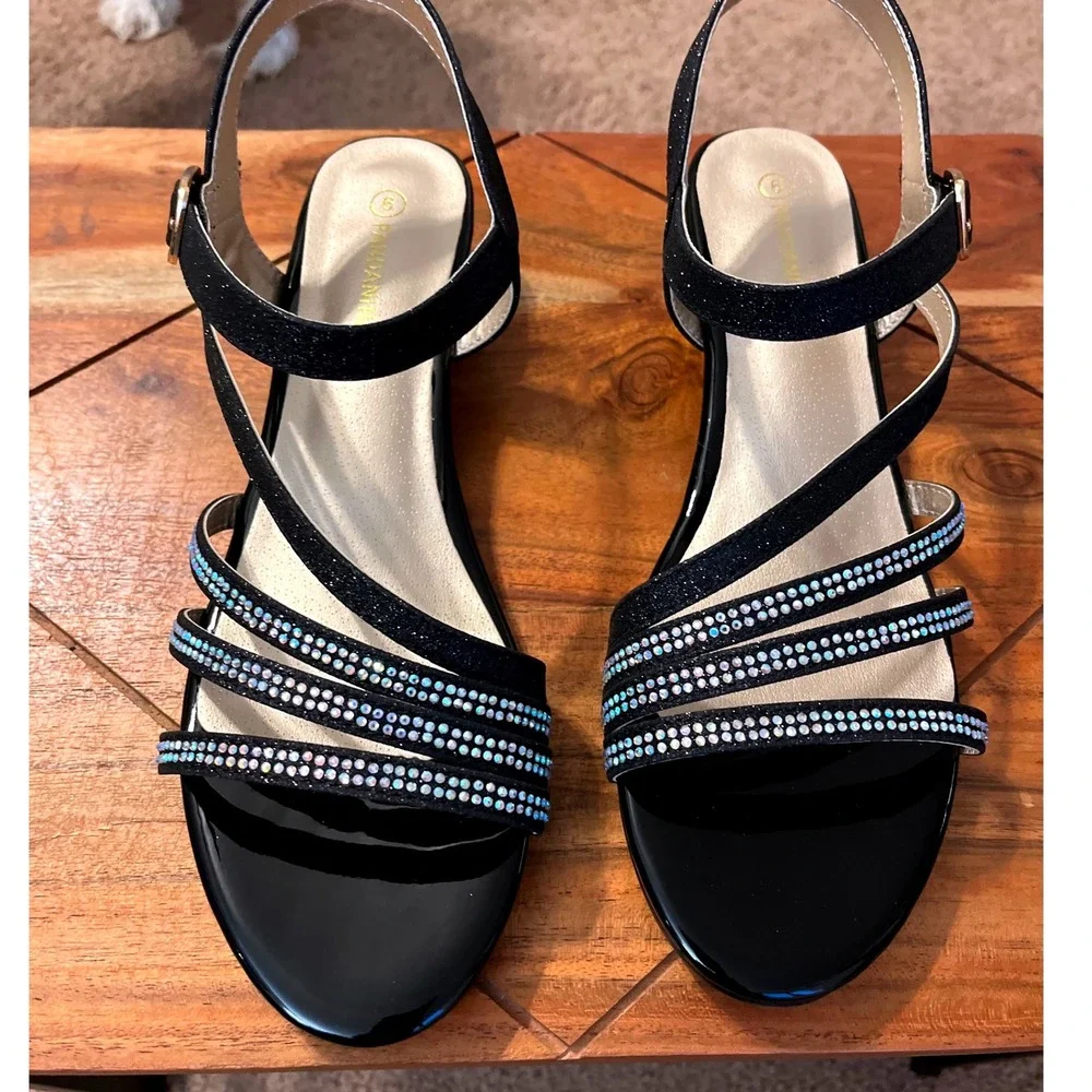 Pandaninija Girls Black Glitter Rhinestone Low Heel Sandals Size‎ 6 NWB